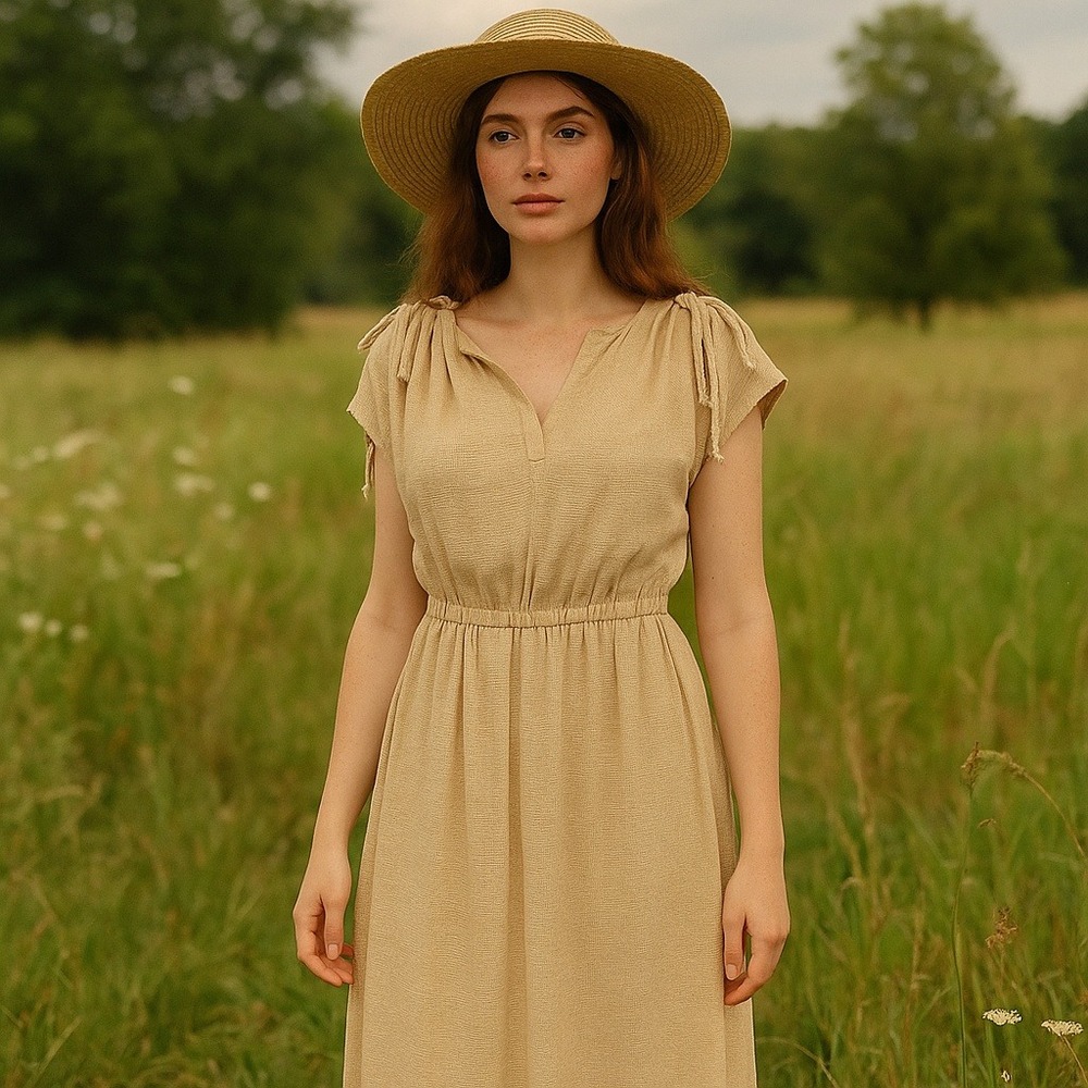 Vintage 70s Young Edwardian Boho Cottagecore‎ Midi Dress Tie Shoulder Natural M
